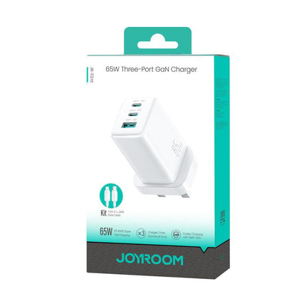 JOYROOM JR-TG10 65W GaN Dual Type-C, USB 3-Port Charger with Type-C to 8 Pin Cable, EU Plug, UK Plug