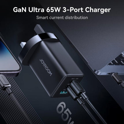 JOYROOM JR-TG10 65W GaN Dual Type-C, USB 3-Port Charger with Type-C to 8 Pin Cable, EU Plug, UK Plug