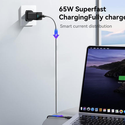 JOYROOM JR-TG10 65W GaN Dual Type-C, USB 3-Port Charger with Type-C to 8 Pin Cable, EU Plug, UK Plug