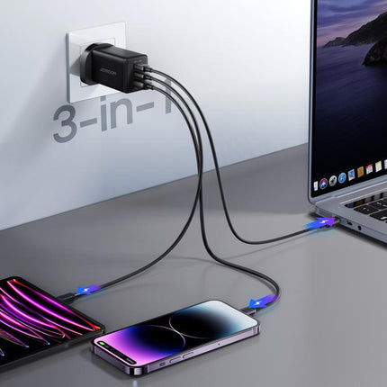 JOYROOM JR-TG10 65W GaN Dual Type-C, USB 3-Port Charger with Type-C to 8 Pin Cable, EU Plug, UK Plug