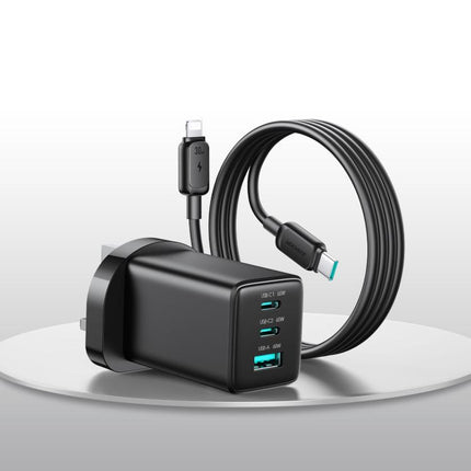 JOYROOM JR-TG10 65W GaN Dual Type-C, USB 3-Port Charger with Type-C to 8 Pin Cable, EU Plug, UK Plug