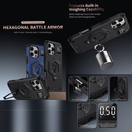 Hexagon Armor Magnetic Holder Weighing Scale Phone Case, For iPhone 15 Plus, For iPhone 15, For iPhone 14 Plus