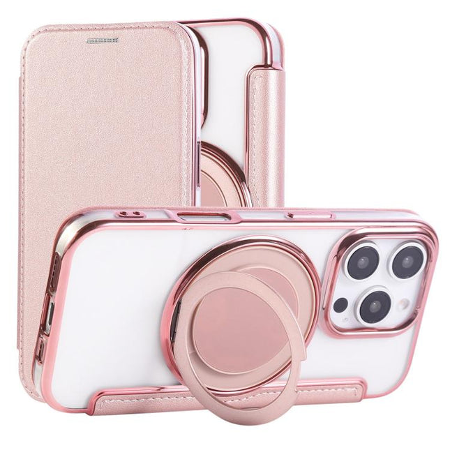 Ultra-thin Rotation Holder Magnetic Plating Vegan Leather Phone Case, For iPhone 16 Pro, For iPhone 16 Plus, For iPhone 16
