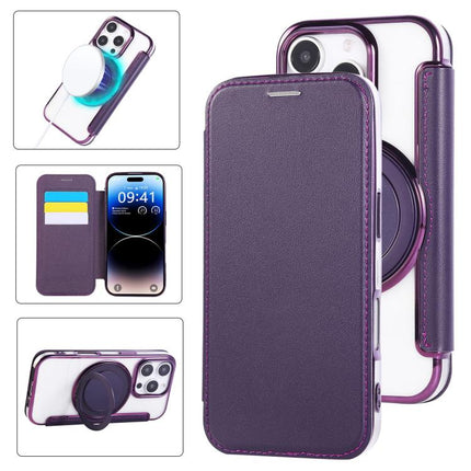 Ultra-thin Rotation Holder Magnetic Plating Vegan Leather Phone Case, For iPhone 16 Pro, For iPhone 16 Plus, For iPhone 16