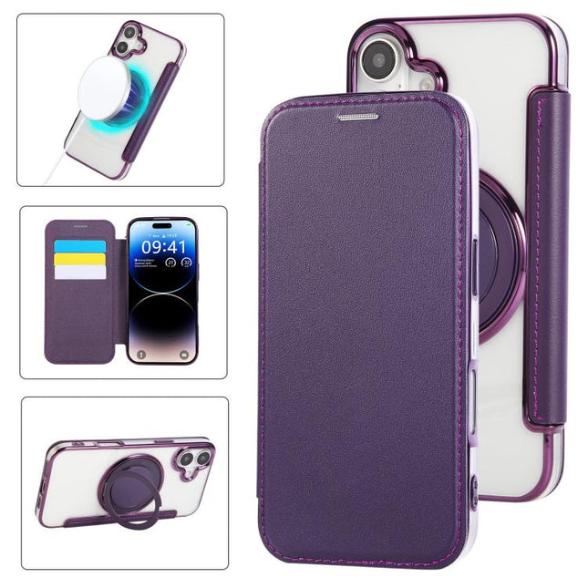 Ultra-thin Rotation Holder Magnetic Plating Vegan Leather Phone Case, For iPhone 16 Pro, For iPhone 16 Plus, For iPhone 16