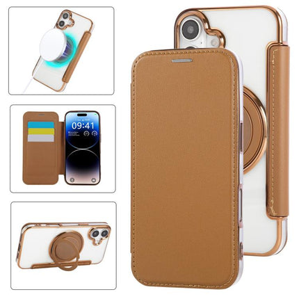 Ultra-thin Rotation Holder Magnetic Plating Vegan Leather Phone Case, For iPhone 16 Pro, For iPhone 16 Plus, For iPhone 16