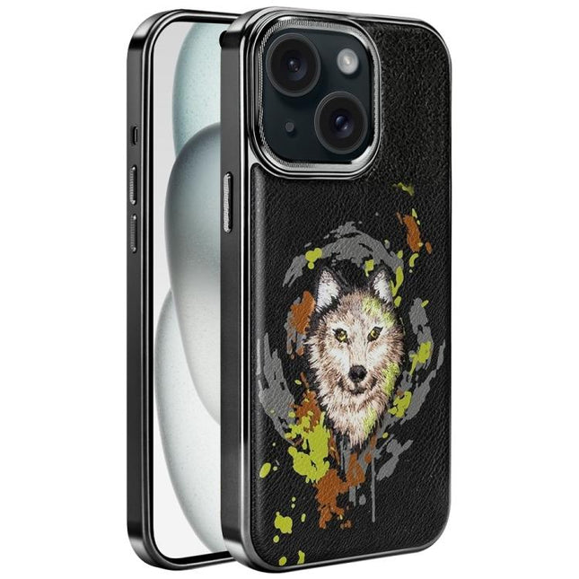 Embroidered Graffiti Vegan Leather Shield Electroplated Magnetic Phone Case, For iPhone 16 Plus, For iPhone 16, For iPhone 15 Pro Max, For iPhone 15 Pro, For iPhone 15 Plus, For iPhone 15