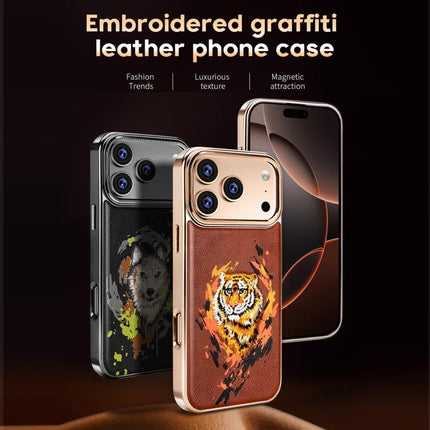 Embroidered Graffiti Vegan Leather Shield Electroplated Magnetic Phone Case, For iPhone 16 Plus, For iPhone 16, For iPhone 15 Pro Max, For iPhone 15 Pro, For iPhone 15 Plus, For iPhone 15