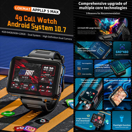 LOKMAT APPLLP 5 Max 4G Smart Watch, 2.4 inch MT6762 + PAR2822 Octa Core, Android 10.7, Heart Rate, Video Call, 4GB+64GB, 6GB+128GB