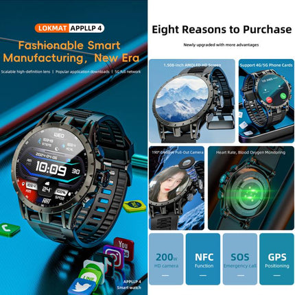 LOKMAT APPLLP 4 4G Smart Watch, 1.58 inch SC8541E Quad Core, 3GB+32GB, Android 8.1, GPS, Heart Rate, Blood Oxygen, Blood Pressure Monitoring, NFC