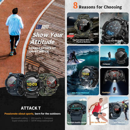 LOKMAT ATTACK T Rugged Smart Watch, 1.32 inch, BT Call, SOS, Pedometer, Sleep Tracking, Heart Rate, Blood Pressure, Blood Oxygen