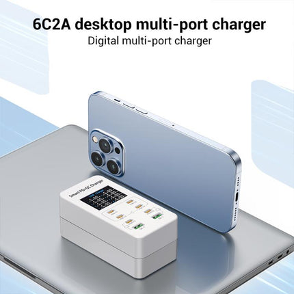 A8C 2 x USB-A and 6 x USB-C / Type-C Ports Desktop Digital Display Multi-Port Charger, US Plug, EU Plug, UK Plug, AU Plug