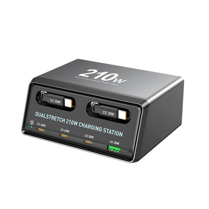 WXL-60E 210W 6-in-1 Desktop Multi Ports Charging Station Built-in Dual Telescopic Cables, WXL-60E