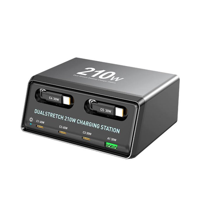WXL-60E 210W 6-in-1 Desktop Multi Ports Charging Station Built-in Dual Telescopic Cables, WXL-60E