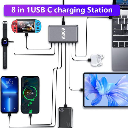 600W USB-C / Type-C and USB-A 8-Port High Power GaN Desktop Fast Charger, EU Plug, US Plug, UK Plug, AU Plug
