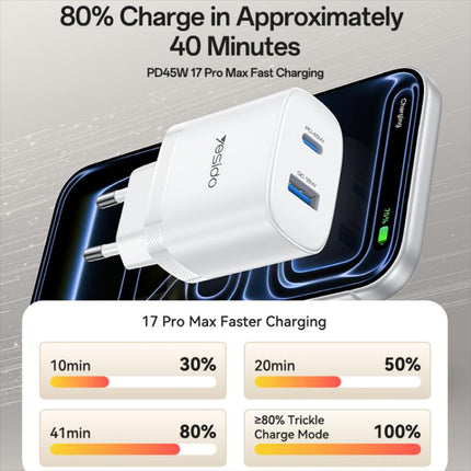 Yesido PD45W USB and Type-C Dual Interface Fast Charger Set, EU Plug, UK Plug, US Plug