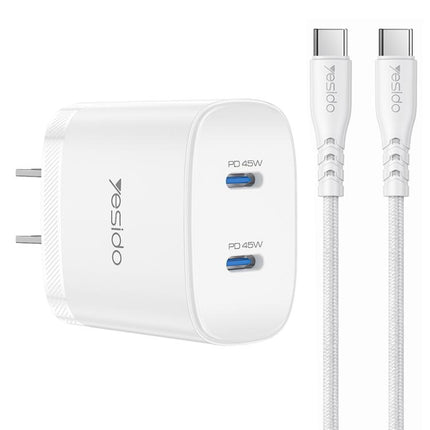 Yesido PD45W Dual Type-C Fast Charger Kit with Type-C to Type-C Cable, US Plug, EU Plug, UK Plug