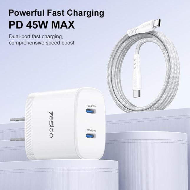 Yesido PD45W Dual Type-C Fast Charger Kit with Type-C to Type-C Cable, US Plug, EU Plug, UK Plug