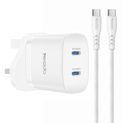 Yesido PD45W Dual Type-C Fast Charger Kit with Type-C to Type-C Cable, US Plug, EU Plug, UK Plug