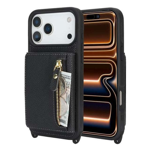 Crossbody Zipper Wallet Ring Holder Litchi Leather Phone Case, For iPhone 17 Pro Max, For iPhone 17 Pro, For iPhone Air