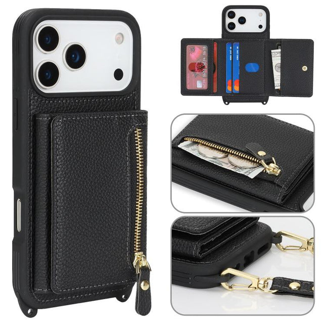 Crossbody Zipper Wallet Ring Holder Litchi Leather Phone Case, For iPhone 17 Pro Max, For iPhone 17 Pro, For iPhone Air