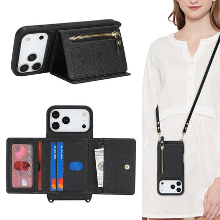 Crossbody Zipper Wallet Ring Holder Litchi Leather Phone Case, For iPhone 17 Pro Max, For iPhone 17 Pro, For iPhone Air