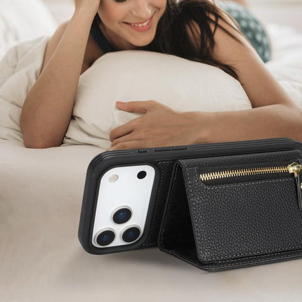 Crossbody Zipper Wallet Ring Holder Litchi Leather Phone Case, For iPhone 17 Pro Max, For iPhone 17 Pro, For iPhone Air