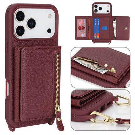 Crossbody Zipper Wallet Ring Holder Litchi Leather Phone Case, For iPhone 17 Pro Max, For iPhone 17 Pro, For iPhone Air