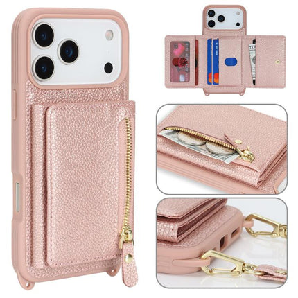 Crossbody Zipper Wallet Ring Holder Litchi Leather Phone Case, For iPhone 17 Pro Max, For iPhone 17 Pro, For iPhone Air