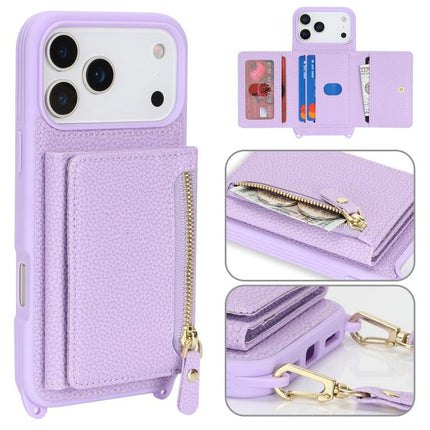 Crossbody Zipper Wallet Ring Holder Litchi Leather Phone Case, For iPhone 17 Pro Max, For iPhone 17 Pro, For iPhone Air