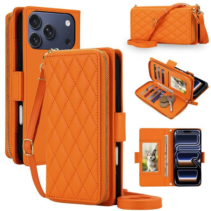 Crossbody Diamond Lattice Zipper Wallet RFID Vegan Leather Phone Case, For iPhone 17 Pro Max, For iPhone 17 Pro