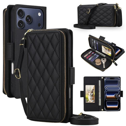 Crossbody Diamond Lattice Zipper Wallet RFID Vegan Leather Phone Case, For iPhone 17 Pro Max, For iPhone 17 Pro