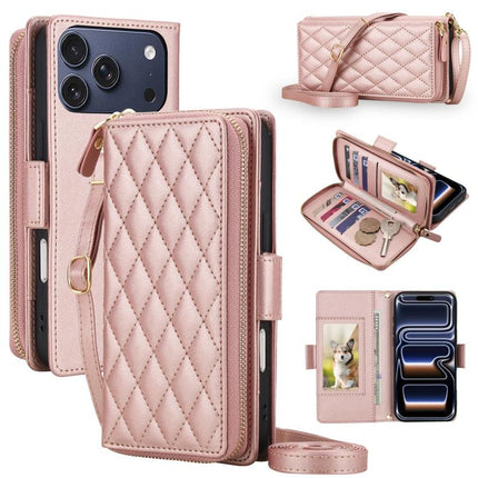 Crossbody Diamond Lattice Zipper Wallet RFID Vegan Leather Phone Case, For iPhone 17 Pro Max, For iPhone 17 Pro