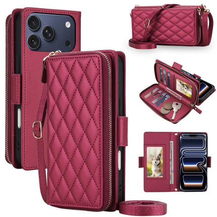 Crossbody Diamond Lattice Zipper Wallet RFID Vegan Leather Phone Case, For iPhone 17 Pro Max, For iPhone 17 Pro