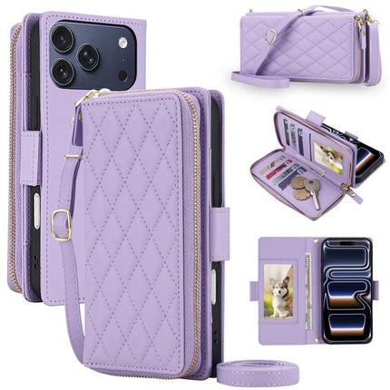 Crossbody Diamond Lattice Zipper Wallet RFID Vegan Leather Phone Case, For iPhone 17 Pro Max, For iPhone 17 Pro