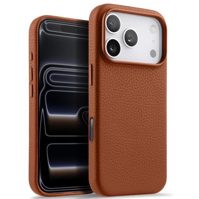melkco Litchi Texture Magnetic Full Coverage Genuine Leather Phone Case with AI Button, For iPhone 17 Pro Max, For iPhone 17 Pro
