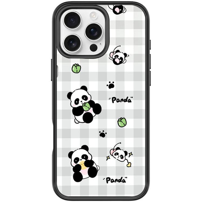 Adorable Grid Panda Pattern Magnetic Phone Case, For iPhone 16 Pro Max, For iPhone 16 Pro, For iPhone 15 Pro Max, For iPhone 15 Pro
