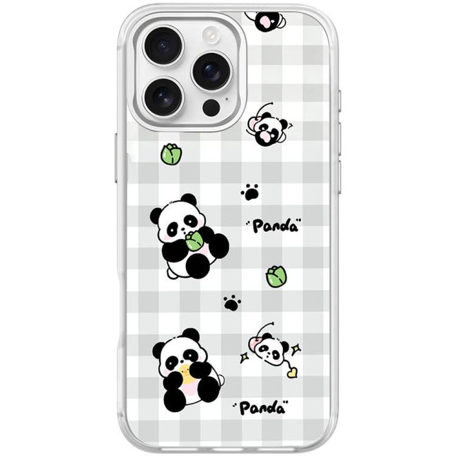 Adorable Grid Panda Pattern Magnetic Phone Case, For iPhone 16 Pro Max, For iPhone 16 Pro, For iPhone 15 Pro Max, For iPhone 15 Pro