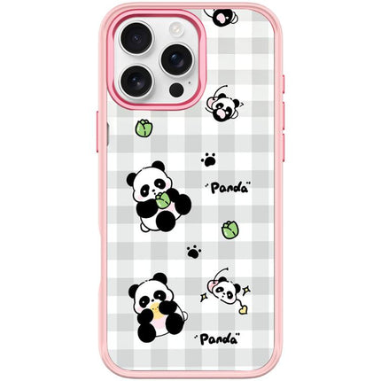 Adorable Grid Panda Pattern Magnetic Phone Case, For iPhone 16 Pro Max, For iPhone 16 Pro, For iPhone 15 Pro Max, For iPhone 15 Pro