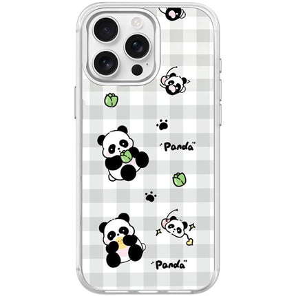 Adorable Grid Panda Pattern Magnetic Phone Case, For iPhone 16 Pro Max, For iPhone 16 Pro, For iPhone 15 Pro Max, For iPhone 15 Pro