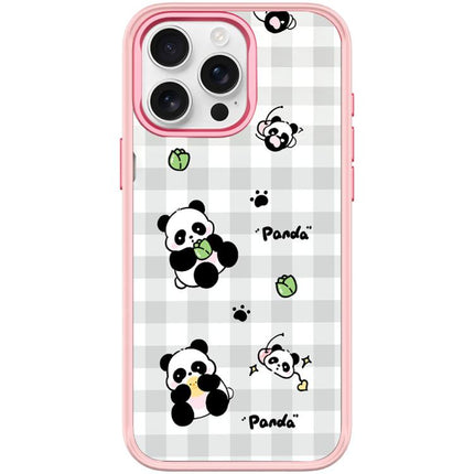 Adorable Grid Panda Pattern Magnetic Phone Case, For iPhone 16 Pro Max, For iPhone 16 Pro, For iPhone 15 Pro Max, For iPhone 15 Pro