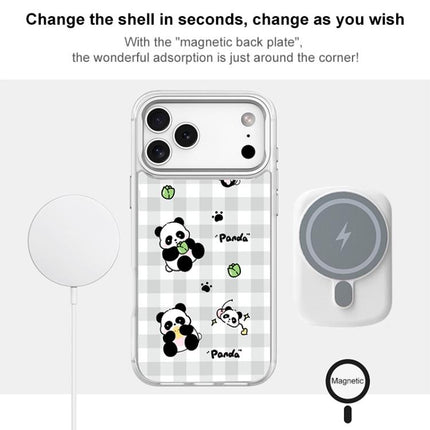 Adorable Grid Panda Pattern Magnetic Phone Case, For iPhone 16 Pro Max, For iPhone 16 Pro, For iPhone 15 Pro Max, For iPhone 15 Pro