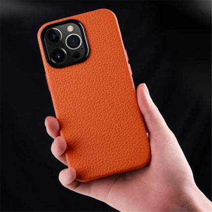 melkco Litchi Texture Genuine Leather Phone Case with Metal Lens Frame, For iPhone 15 Pro Max, For iPhone 15 Pro, For iPhone 15, For iPhone 14