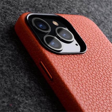 melkco Litchi Texture Genuine Leather Phone Case with Metal Lens Frame, For iPhone 14 Pro, For iPhone 14 Pro Max, For iPhone 13 Pro Max, For iPhone 13 Pro