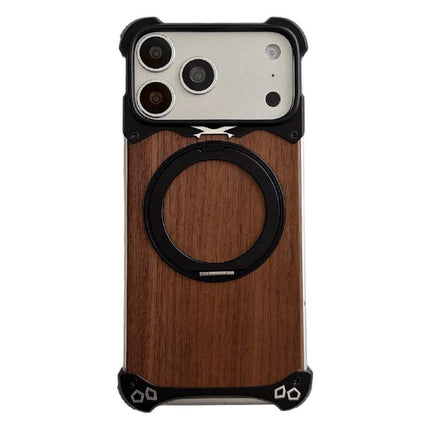 Leopard Walnut Wood Metal Frameless 360 Rotation Holder Magnetic Phone Case, For iPhone 17 Pro Max, For iPhone 17 Pro