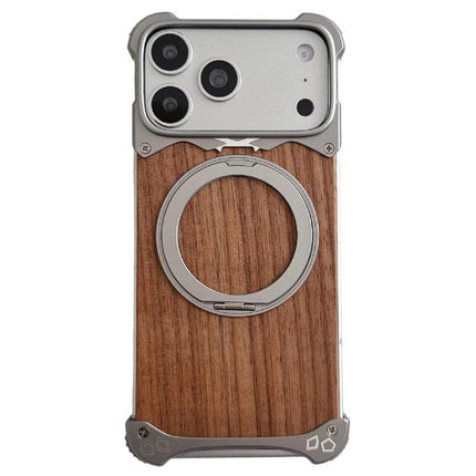 Leopard Walnut Wood Metal Frameless 360 Rotation Holder Magnetic Phone Case, For iPhone 17 Pro Max, For iPhone 17 Pro