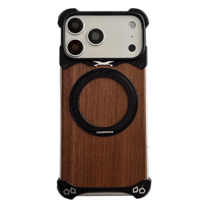 Leopard Walnut Wood Metal Frameless 360 Rotation Holder Magnetic Phone Case, For iPhone 17 Pro Max, For iPhone 17 Pro