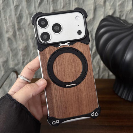 Leopard Walnut Wood Metal Frameless 360 Rotation Holder Magnetic Phone Case, For iPhone 17 Pro Max, For iPhone 17 Pro