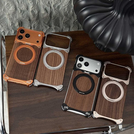 Leopard Walnut Wood Metal Frameless 360 Rotation Holder Magnetic Phone Case, For iPhone 17 Pro Max, For iPhone 17 Pro