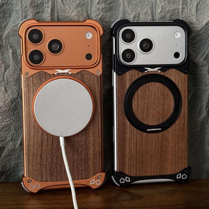 Leopard Walnut Wood Metal Frameless 360 Rotation Holder Magnetic Phone Case, For iPhone 17 Pro Max, For iPhone 17 Pro